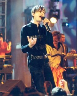 Jarvis Cocker performing at the 1996 Brit Awards