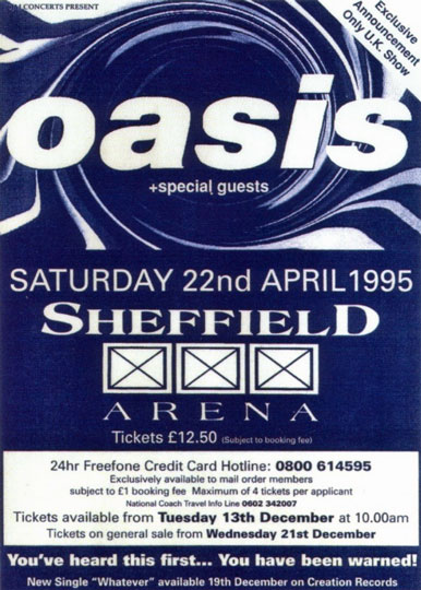 Flyer for Oasis at Sheffield Arena 22 April 1995