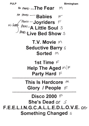 Pulp setlist for Birmingham NEC, 2 December 1998
