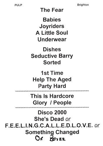 Pulp setlist for Brighton Centre 3 December 1998