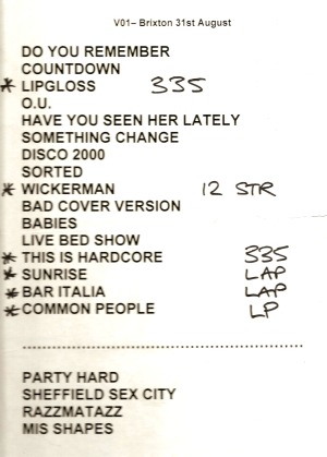 Pulp setlist ticket for Brixton Academy, 31 August 2011