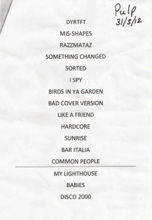 Pulp setlist for London Royal Albert Hall, 31 March 2012