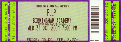 Pulp ticket Birmingham Academy, 31 October 2001