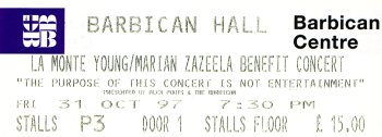 Pulp concert ticket for Barbican Hall, 31 October 1997