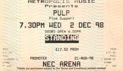 Pulp concert ticket for Birmingham NEC, 2 December 1998