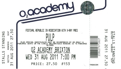 Pulp concert ticket for Brixton Academy, 31 August 2011