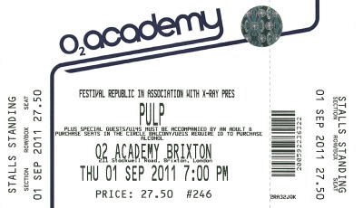 Pulp concert ticket for Brixton Academy, 31 August 2011