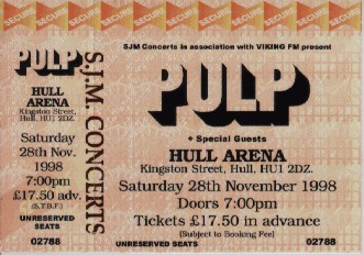 Pulp ticket for Hull Arena, 28 November 1998