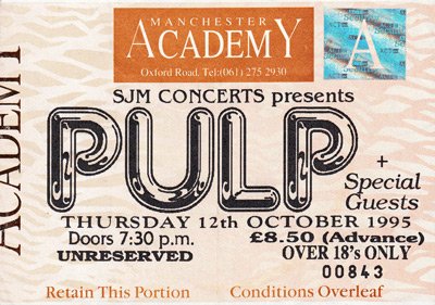 Pulp ticket for Manchester Academy, 12 October 1995