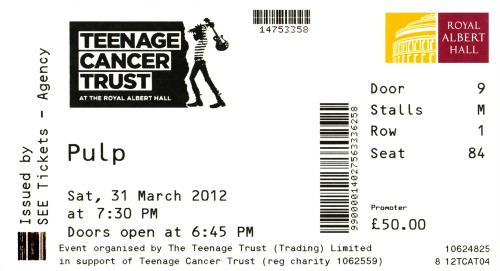 Pulp ticket for London Royal Albert Hall, 31 March 2012
