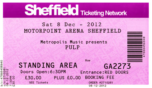 Pulp ticket for Sheffield Arena, 8 December 2012