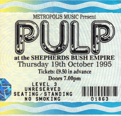 Pulp ticket for Shepherds Bush Empire, 19 October 1995