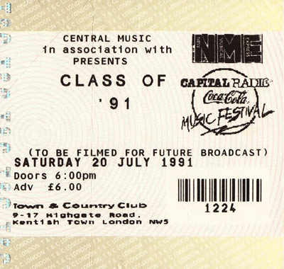 Pulp ticket for London Town & Country Club, 20 July 1991