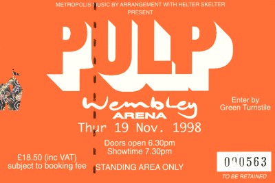 Pulp concert ticket for Wembley Arena, 19 November 1998