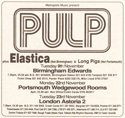 Advert for Pulp at the London Astoria, 23 November 1993