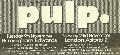 Advert for Pulp at the London Astoria, 23 November 1993