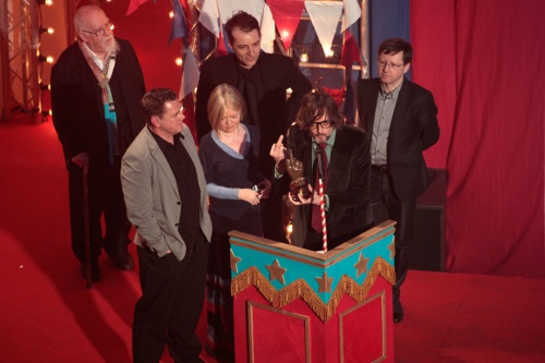 Sir Peter Blake presents Pulp with the outstanding contribution award at the NME Awards, 29 February 2012. Photo Dan Kendall.