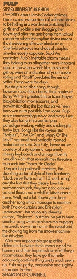 Melody Maker review of Pulp at Brighton Sussex University, 7 October 1992