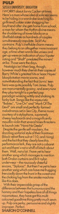 Melody Maker review of Pulp at Brighton Sussex University, 7 October 1992