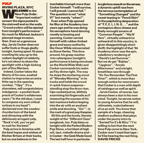 Melody Maker review of Pulp at the Irving Plaza, 3 June 1996