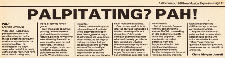 NME review of Pulp at the Sheffield Leadmill, 14 January 1986