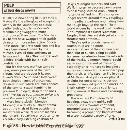 NME review of Pulp at Bristol Anson Rooms, 21 April 1995